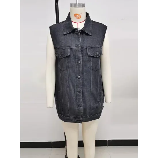 Buttoned Drawstring Pockets Split-Joint Loose Sleeveless Polo Vest Outerwear Buttoned Drawstring Pockets Split-Joint Loose Sleeveless Polo Vest Outerwear
