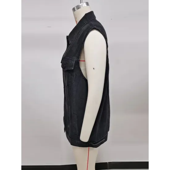 Buttoned Drawstring Pockets Split-Joint Loose Sleeveless Polo Vest Outerwear Buttoned Drawstring Pockets Split-Joint Loose Sleeveless Polo Vest Outerwear