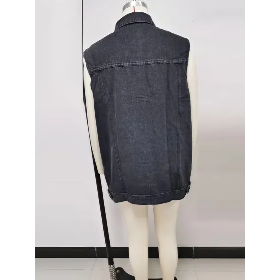 Buttoned Drawstring Pockets Split-Joint Loose Sleeveless Polo Vest Outerwear Buttoned Drawstring Pockets Split-Joint Loose Sleeveless Polo Vest Outerwear