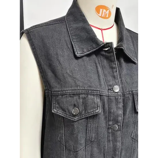 Buttoned Drawstring Pockets Split-Joint Loose Sleeveless Polo Vest Outerwear Buttoned Drawstring Pockets Split-Joint Loose Sleeveless Polo Vest Outerwear