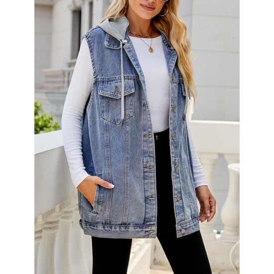 Buttoned Detachable Drawstring Hooded Pockets Split-Joint Loose Sleeveless Polo Vest Outerwear Buttoned Detachable Drawstring Hooded Pockets Split-Joint Loose Sleeveless Polo Vest Outerwear