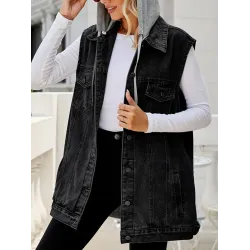 Buttoned Detachable Drawstring Hooded Pockets Split-Joint Loose Sleeveless Polo Vest Outerwear