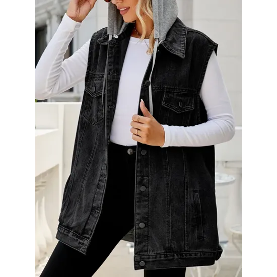 Buttoned Detachable Drawstring Hooded Pockets Split-Joint Loose Sleeveless Polo Vest Outerwear Buttoned Detachable Drawstring Hooded Pockets Split-Joint Loose Sleeveless Polo Vest Outerwear