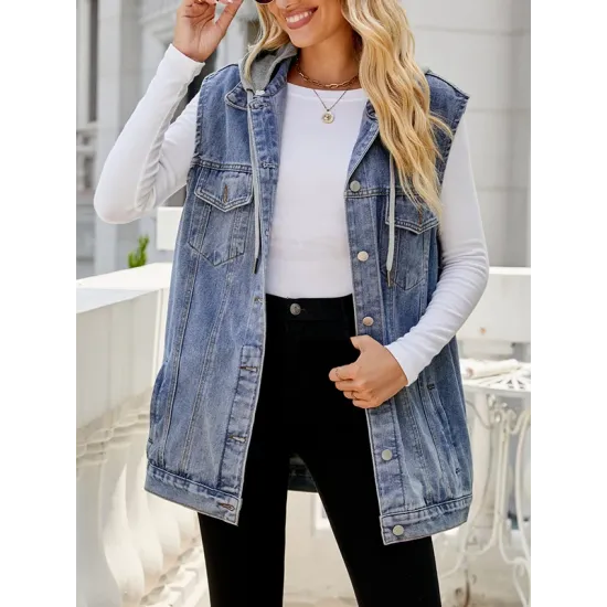 Buttoned Detachable Drawstring Hooded Pockets Split-Joint Loose Sleeveless Polo Vest Outerwear Buttoned Detachable Drawstring Hooded Pockets Split-Joint Loose Sleeveless Polo Vest Outerwear