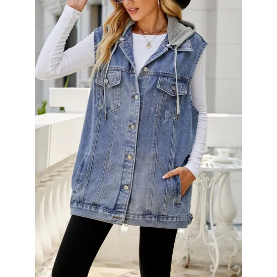 Buttoned Detachable Drawstring Hooded Pockets Split-Joint Loose Sleeveless Polo Vest Outerwear Buttoned Detachable Drawstring Hooded Pockets Split-Joint Loose Sleeveless Polo Vest Outerwear