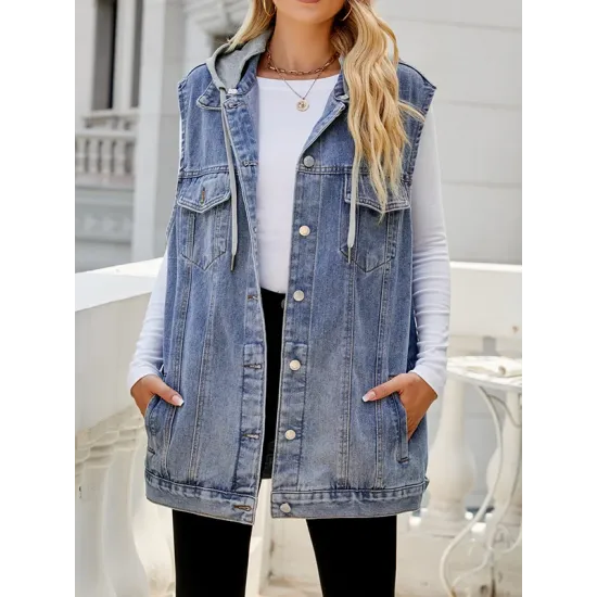 Buttoned Detachable Drawstring Hooded Pockets Split-Joint Loose Sleeveless Polo Vest Outerwear Buttoned Detachable Drawstring Hooded Pockets Split-Joint Loose Sleeveless Polo Vest Outerwear