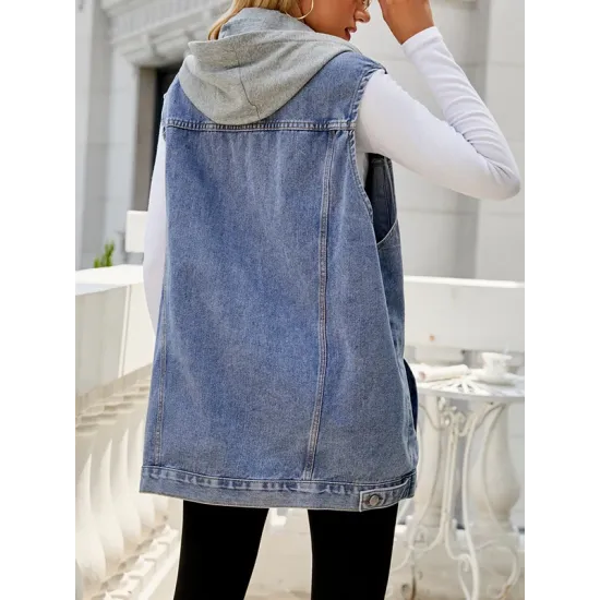 Buttoned Detachable Drawstring Hooded Pockets Split-Joint Loose Sleeveless Polo Vest Outerwear Buttoned Detachable Drawstring Hooded Pockets Split-Joint Loose Sleeveless Polo Vest Outerwear