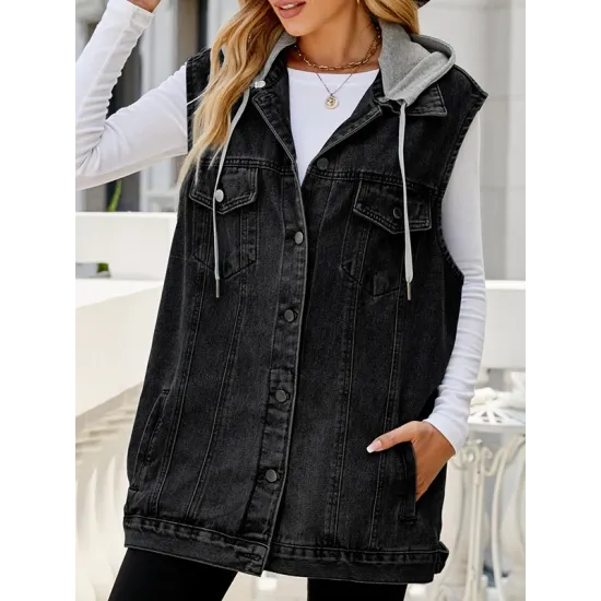 Buttoned Detachable Drawstring Hooded Pockets Split-Joint Loose Sleeveless Polo Vest Outerwear Buttoned Detachable Drawstring Hooded Pockets Split-Joint Loose Sleeveless Polo Vest Outerwear