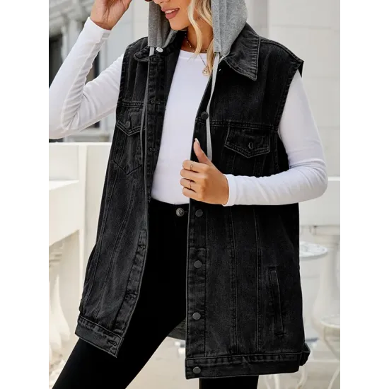 Buttoned Detachable Drawstring Hooded Pockets Split-Joint Loose Sleeveless Polo Vest Outerwear Buttoned Detachable Drawstring Hooded Pockets Split-Joint Loose Sleeveless Polo Vest Outerwear
