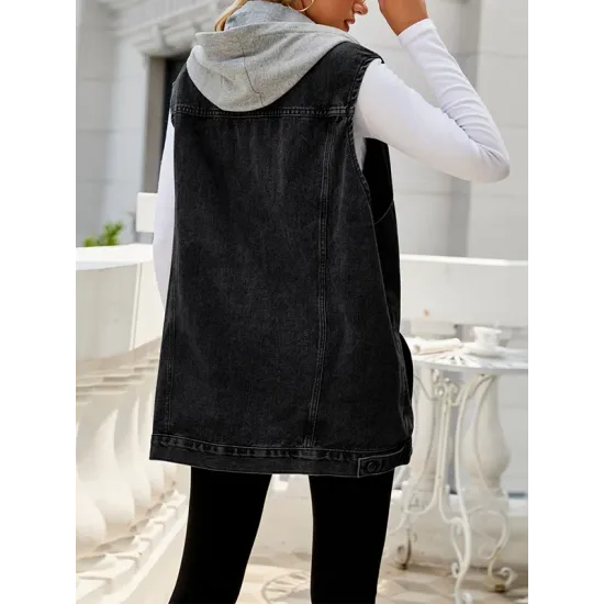 Buttoned Detachable Drawstring Hooded Pockets Split-Joint Loose Sleeveless Polo Vest Outerwear Buttoned Detachable Drawstring Hooded Pockets Split-Joint Loose Sleeveless Polo Vest Outerwear