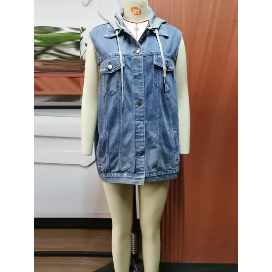 Buttoned Detachable Drawstring Hooded Pockets Split-Joint Loose Sleeveless Polo Vest Outerwear Buttoned Detachable Drawstring Hooded Pockets Split-Joint Loose Sleeveless Polo Vest Outerwear