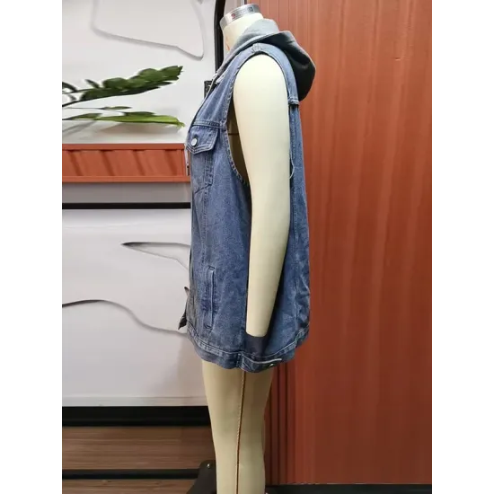 Buttoned Detachable Drawstring Hooded Pockets Split-Joint Loose Sleeveless Polo Vest Outerwear Buttoned Detachable Drawstring Hooded Pockets Split-Joint Loose Sleeveless Polo Vest Outerwear