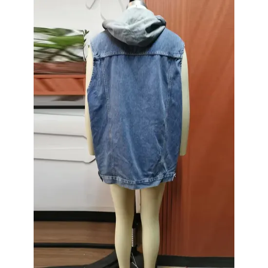 Buttoned Detachable Drawstring Hooded Pockets Split-Joint Loose Sleeveless Polo Vest Outerwear Buttoned Detachable Drawstring Hooded Pockets Split-Joint Loose Sleeveless Polo Vest Outerwear