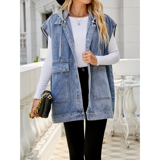 Buttoned Detachable Hooded Pockets Split-Joint Loose Sleeveless Lapel Collar Vest Outerwear Buttoned Detachable Hooded Pockets Split-Joint Loose Sleeveless Lapel Collar Vest Outerwear