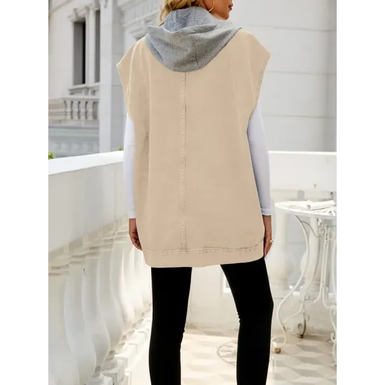Buttoned Detachable Hooded Pockets Split-Joint Loose Sleeveless Lapel Collar Vest Outerwear Buttoned Detachable Hooded Pockets Split-Joint Loose Sleeveless Lapel Collar Vest Outerwear
