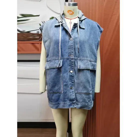 Buttoned Detachable Hooded Pockets Split-Joint Loose Sleeveless Lapel Collar Vest Outerwear Buttoned Detachable Hooded Pockets Split-Joint Loose Sleeveless Lapel Collar Vest Outerwear