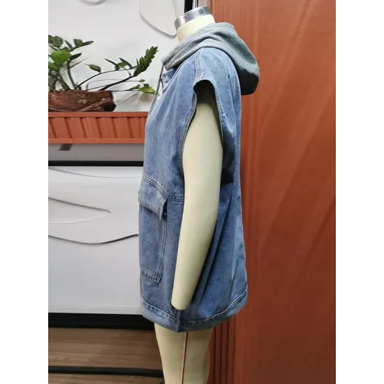 Buttoned Detachable Hooded Pockets Split-Joint Loose Sleeveless Lapel Collar Vest Outerwear Buttoned Detachable Hooded Pockets Split-Joint Loose Sleeveless Lapel Collar Vest Outerwear