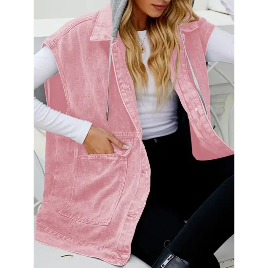 Buttoned Detachable Hooded Pockets Split-Joint Loose Sleeveless Lapel Collar Vest Outerwear Buttoned Detachable Hooded Pockets Split-Joint Loose Sleeveless Lapel Collar Vest Outerwear