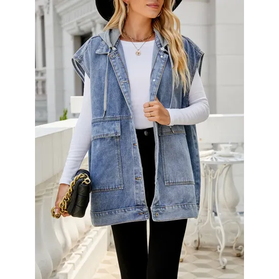 Buttoned Detachable Hooded Pockets Split-Joint Loose Sleeveless Lapel Collar Vest Outerwear Buttoned Detachable Hooded Pockets Split-Joint Loose Sleeveless Lapel Collar Vest Outerwear