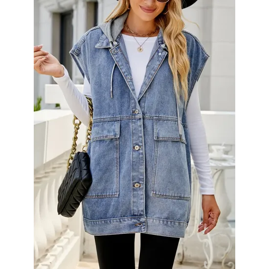 Buttoned Detachable Hooded Pockets Split-Joint Loose Sleeveless Lapel Collar Vest Outerwear Buttoned Detachable Hooded Pockets Split-Joint Loose Sleeveless Lapel Collar Vest Outerwear
