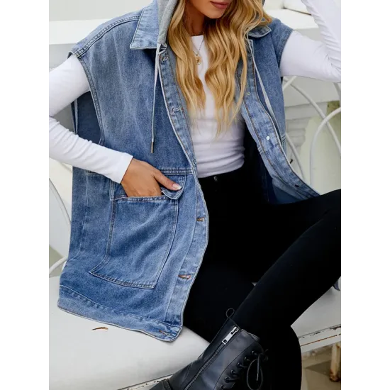 Buttoned Detachable Hooded Pockets Split-Joint Loose Sleeveless Lapel Collar Vest Outerwear Buttoned Detachable Hooded Pockets Split-Joint Loose Sleeveless Lapel Collar Vest Outerwear