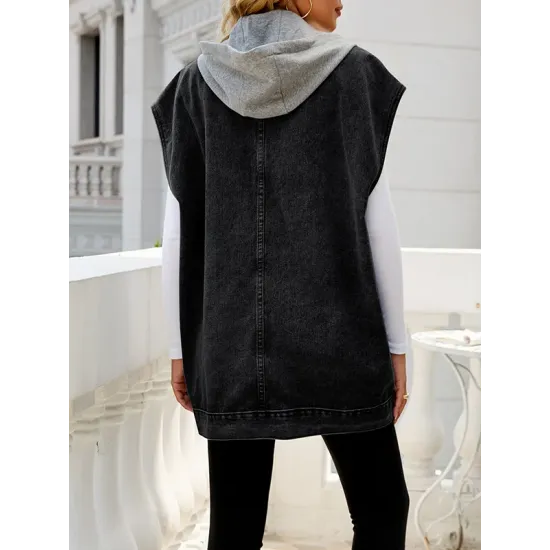 Buttoned Detachable Hooded Pockets Split-Joint Loose Sleeveless Lapel Collar Vest Outerwear Buttoned Detachable Hooded Pockets Split-Joint Loose Sleeveless Lapel Collar Vest Outerwear