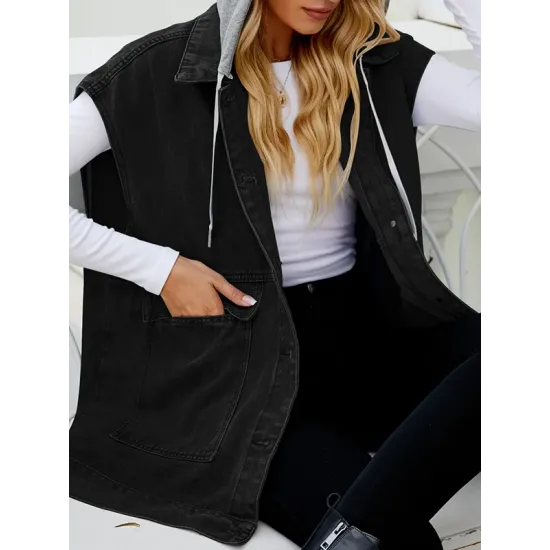 Buttoned Detachable Hooded Pockets Split-Joint Loose Sleeveless Lapel Collar Vest Outerwear Buttoned Detachable Hooded Pockets Split-Joint Loose Sleeveless Lapel Collar Vest Outerwear