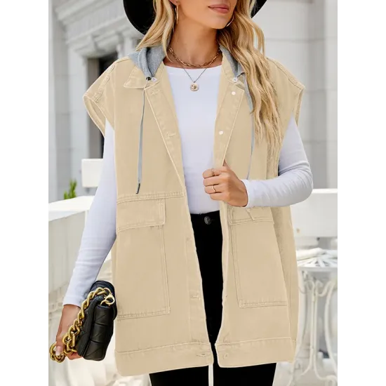 Buttoned Detachable Hooded Pockets Split-Joint Loose Sleeveless Lapel Collar Vest Outerwear Buttoned Detachable Hooded Pockets Split-Joint Loose Sleeveless Lapel Collar Vest Outerwear