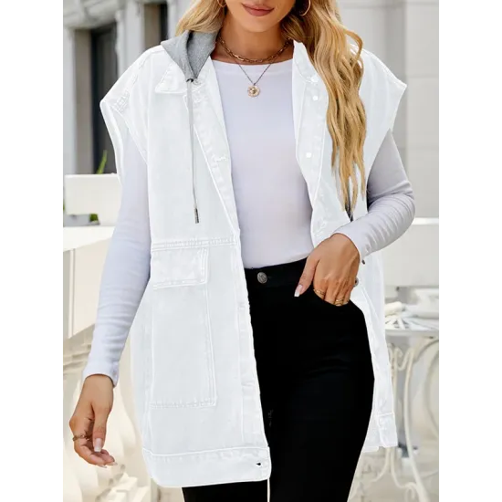 Buttoned Detachable Hooded Pockets Split-Joint Loose Sleeveless Lapel Collar Vest Outerwear Buttoned Detachable Hooded Pockets Split-Joint Loose Sleeveless Lapel Collar Vest Outerwear