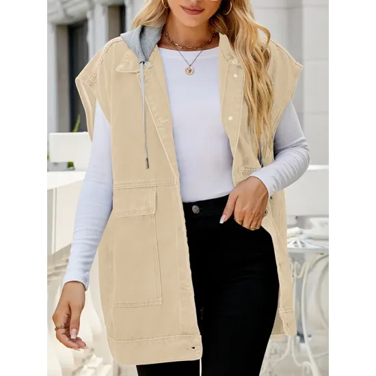 Buttoned Detachable Hooded Pockets Split-Joint Loose Sleeveless Lapel Collar Vest Outerwear Buttoned Detachable Hooded Pockets Split-Joint Loose Sleeveless Lapel Collar Vest Outerwear