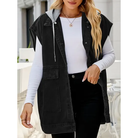 Buttoned Detachable Hooded Pockets Split-Joint Loose Sleeveless Lapel Collar Vest Outerwear Buttoned Detachable Hooded Pockets Split-Joint Loose Sleeveless Lapel Collar Vest Outerwear