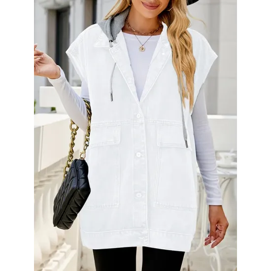 Buttoned Detachable Hooded Pockets Split-Joint Loose Sleeveless Lapel Collar Vest Outerwear Buttoned Detachable Hooded Pockets Split-Joint Loose Sleeveless Lapel Collar Vest Outerwear