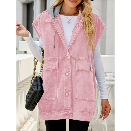 Buttoned Detachable Hooded Pockets Split-Joint Loose Sleeveless Lapel Collar Vest Outerwear Buttoned Detachable Hooded Pockets Split-Joint Loose Sleeveless Lapel Collar Vest Outerwear