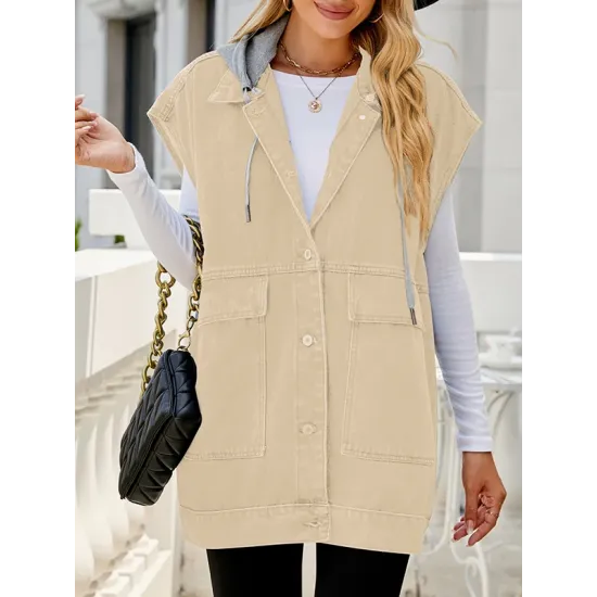 Buttoned Detachable Hooded Pockets Split-Joint Loose Sleeveless Lapel Collar Vest Outerwear Buttoned Detachable Hooded Pockets Split-Joint Loose Sleeveless Lapel Collar Vest Outerwear