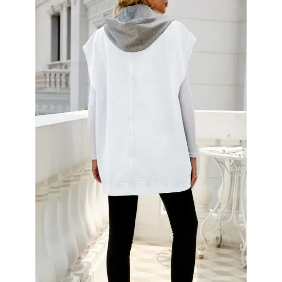 Buttoned Detachable Hooded Pockets Split-Joint Loose Sleeveless Lapel Collar Vest Outerwear Buttoned Detachable Hooded Pockets Split-Joint Loose Sleeveless Lapel Collar Vest Outerwear