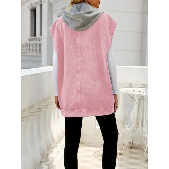 Buttoned Detachable Hooded Pockets Split-Joint Loose Sleeveless Lapel Collar Vest Outerwear Buttoned Detachable Hooded Pockets Split-Joint Loose Sleeveless Lapel Collar Vest Outerwear