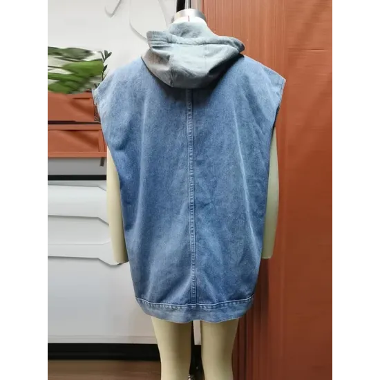 Buttoned Detachable Hooded Pockets Split-Joint Loose Sleeveless Lapel Collar Vest Outerwear Buttoned Detachable Hooded Pockets Split-Joint Loose Sleeveless Lapel Collar Vest Outerwear