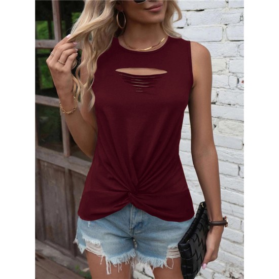 Hollow Knot Pleated Solid Color Sleeveless Round-Neck Vest Top Hollow Knot Pleated Solid Color Sleeveless Round-Neck Vest Top