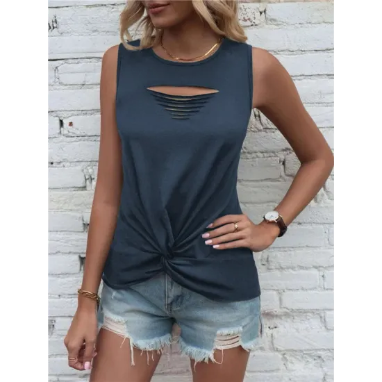 Hollow Knot Pleated Solid Color Sleeveless Round-Neck Vest Top Hollow Knot Pleated Solid Color Sleeveless Round-Neck Vest Top