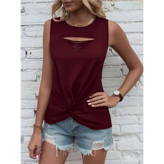 Hollow Knot Pleated Solid Color Sleeveless Round-Neck Vest Top Hollow Knot Pleated Solid Color Sleeveless Round-Neck Vest Top