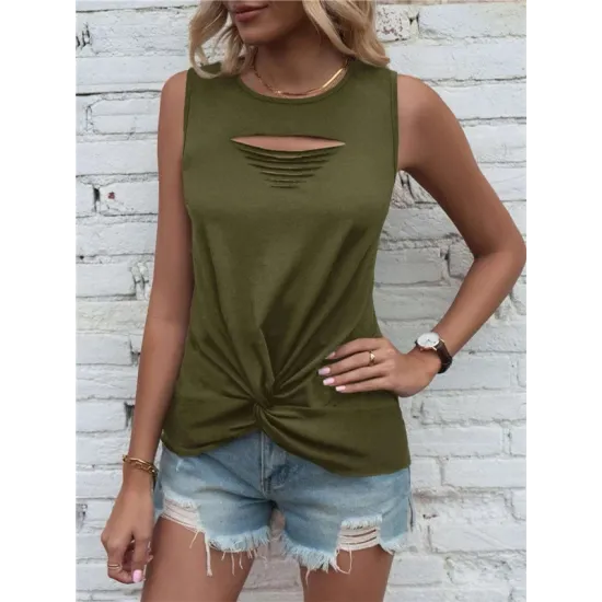 Hollow Knot Pleated Solid Color Sleeveless Round-Neck Vest Top Hollow Knot Pleated Solid Color Sleeveless Round-Neck Vest Top