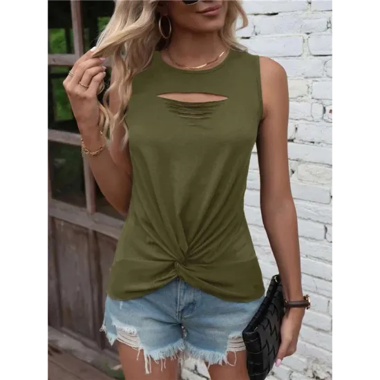Hollow Knot Pleated Solid Color Sleeveless Round-Neck Vest Top Hollow Knot Pleated Solid Color Sleeveless Round-Neck Vest Top