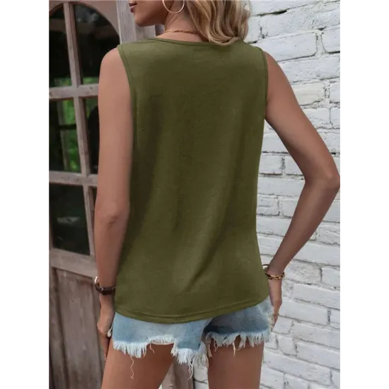 Hollow Knot Pleated Solid Color Sleeveless Round-Neck Vest Top Hollow Knot Pleated Solid Color Sleeveless Round-Neck Vest Top