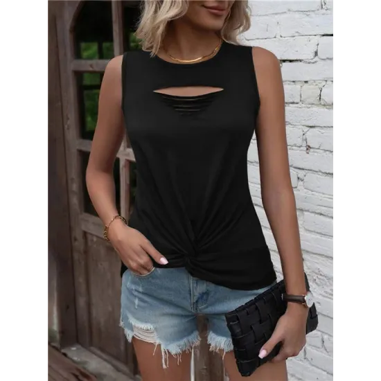 Hollow Knot Pleated Solid Color Sleeveless Round-Neck Vest Top Hollow Knot Pleated Solid Color Sleeveless Round-Neck Vest Top