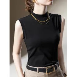 Solid Color Split-Joint Plus Size Skinny Mock Neck Vest Top