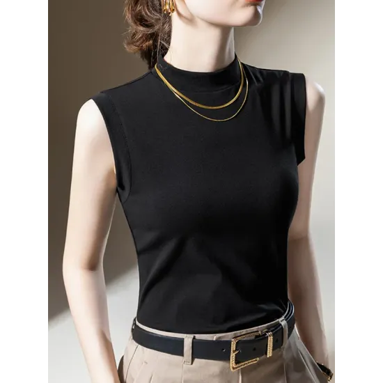 Solid Color Split-Joint Plus Size Skinny Mock Neck Vest Top