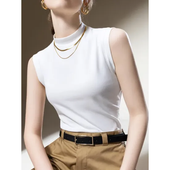 Solid Color Split-Joint Plus Size Skinny Mock Neck Vest Top