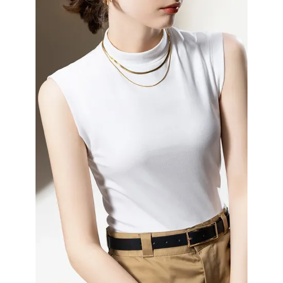 Solid Color Split-Joint Plus Size Skinny Mock Neck Vest Top