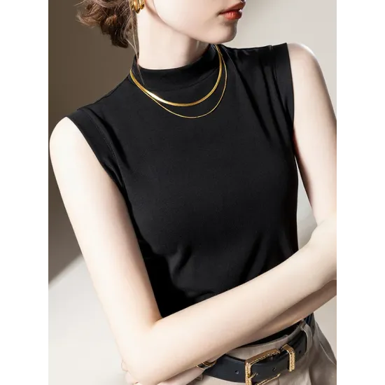 Solid Color Split-Joint Plus Size Skinny Mock Neck Vest Top