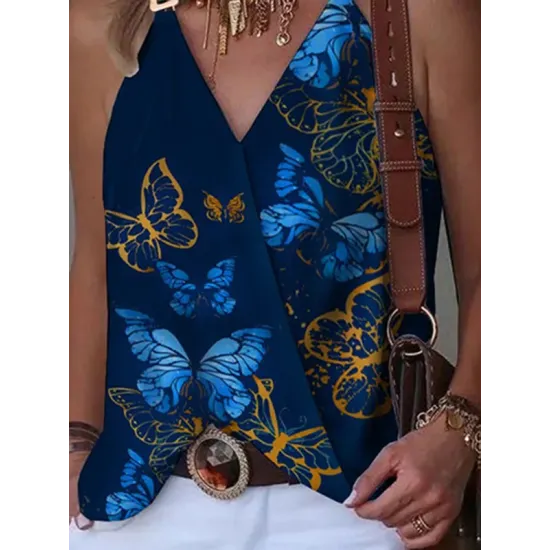 Butterfly Print Split-Joint Sleeveless V-Neck Vest Top Butterfly Print Split-Joint Sleeveless V-Neck Vest Top